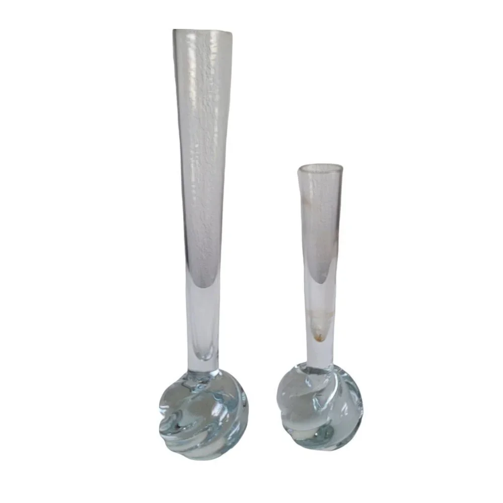 Pair of Mid Century Modern Clear Bud Vases Twisted Weighted Bottoms